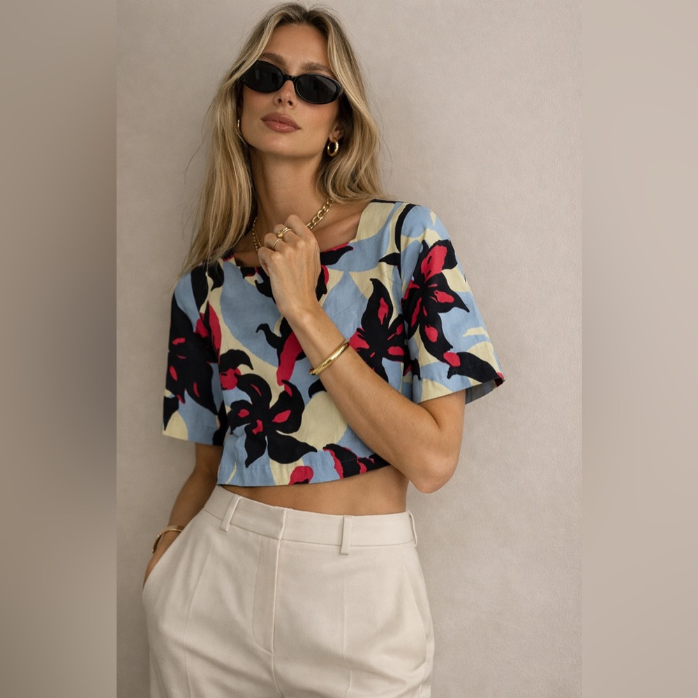 Dries Van Noten Floral Printed Cropped Top | Light Blue Black Pink Size 34 US 2